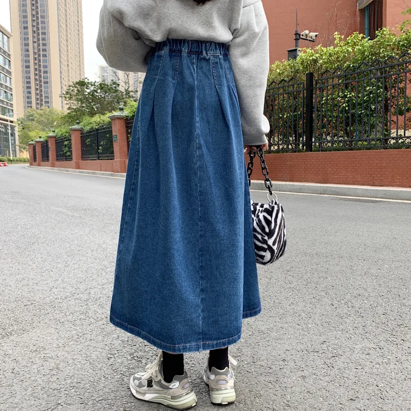 

2021 Fashion Folds Style Women Denim Mid-Calf Skirts High Waist Plus Size Faldas Larga Women Button Jean School Skirt
