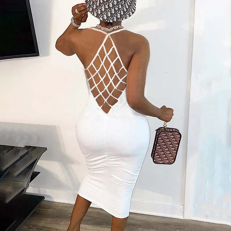 

Women Elegant Sexy Slim Fit Backless Midi Dress s Sleeveless Halter Hollow-out Bodycon Party Dress
