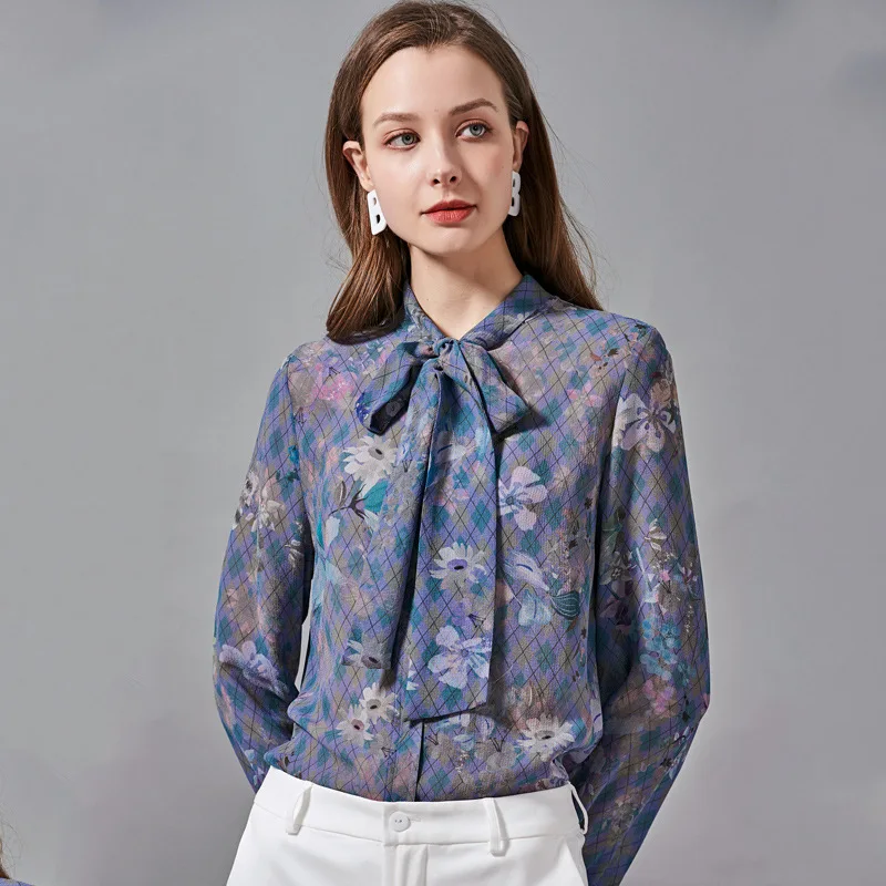 Women's Blouses and Tops Silk grey bowtie Floral Printed Office Formal Casual Shirts Plus Large Size Spring Summer Sexy Femme