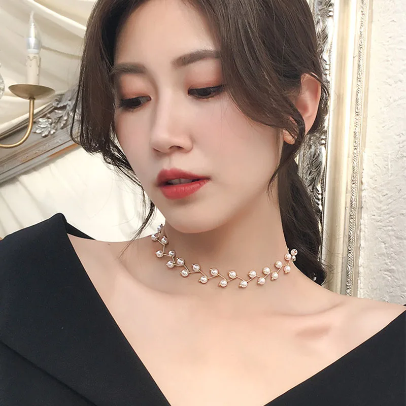 

Fashion Women Imitation Pearl Choker Necklace Statement Ladies Gold Collares Alloy Korean Jewelry Birthday Gift