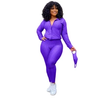 Waffle Stand Collar Zipper Jacket with Pocket Legging Pants Two Piece Set with Mask Women Sports Tracksuit Active Jogger Suit
