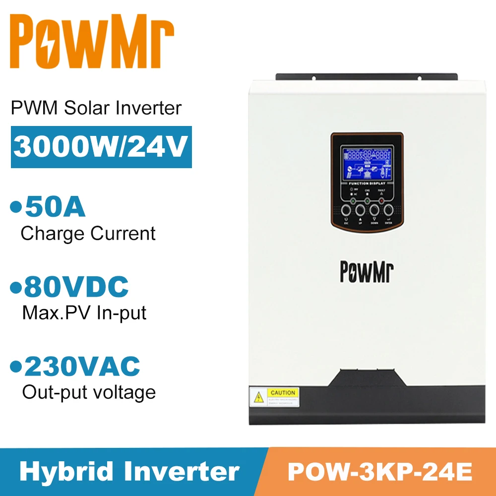 

PowMr Solar Inverter 3KVA 3000W Built in PWM 50A 24V 230V 50Hz 60Hz Max PV 80VDC Pure Sine Wave Battery Charger Hybrid Inversor