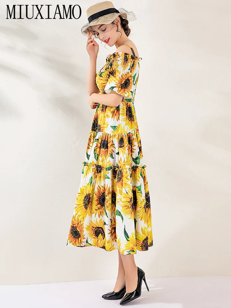 

MIUXIMAO High Quality 2019 Fall&spring Dress Luxurious Vintage Half Sleeve Sunflower Print Elegant Casual Dress Women Vestidos