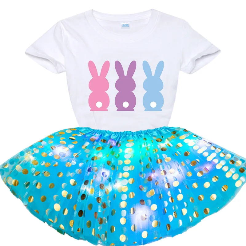 

Kids Skirts for Girls Short Sleeve Three Rabbits Printed T-shirt + Sequin Skirt Sets 2021 Girls Party Dress Tutu Dresses