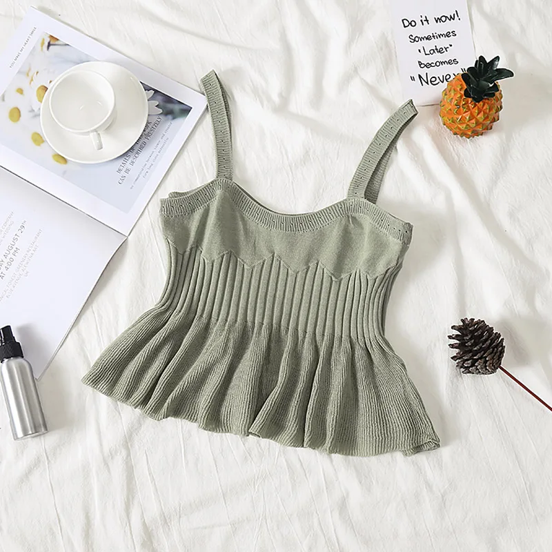 Женский топ на бретелях спагетти с открытой спиной и оборками|Топы| |