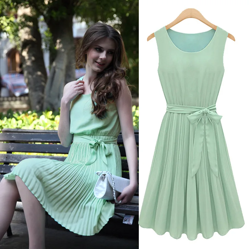 

Dress Summer 2021 New Women's European and American Style Sleeveless Pleated Vest Dress Chiffon round Neck Dress Mid Dress