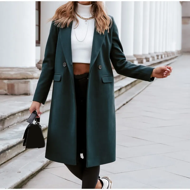 

Women Coat Solid Mid-length Wool Blends Turn Down Collar Long Sleeve Slim Ladies Elegant Coats Office Lady 2021 Fall Winter