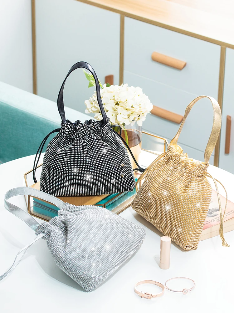 

new Bling Diamonds Evening Bag Women Designer String Small Bucket Handbags High Quality Shoulder Bags Ladies Dinner Clutch Purse