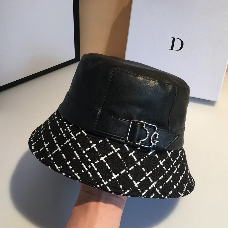 Top brand women luxury patchwork buckle basin caps Faux leather Bucket hat  KDOU024