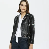 swyivy women floral print embroidery faux leather jacket coat lady turn down collar casual pu motorcycle black punk outerwear