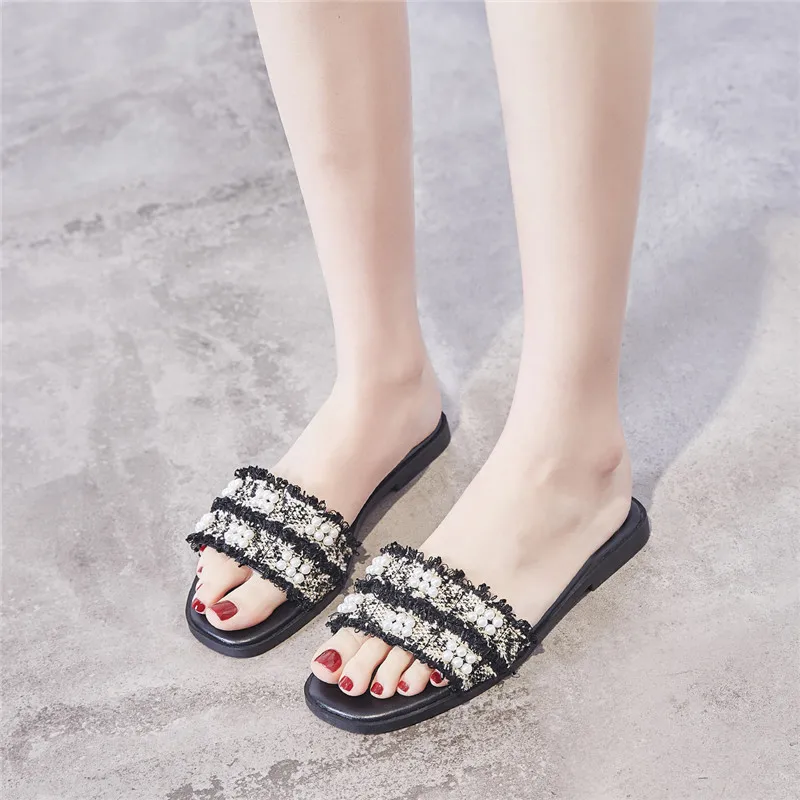 Женские шлепанцы с жемчугом богемные сандалии на плоской подошве роскошные