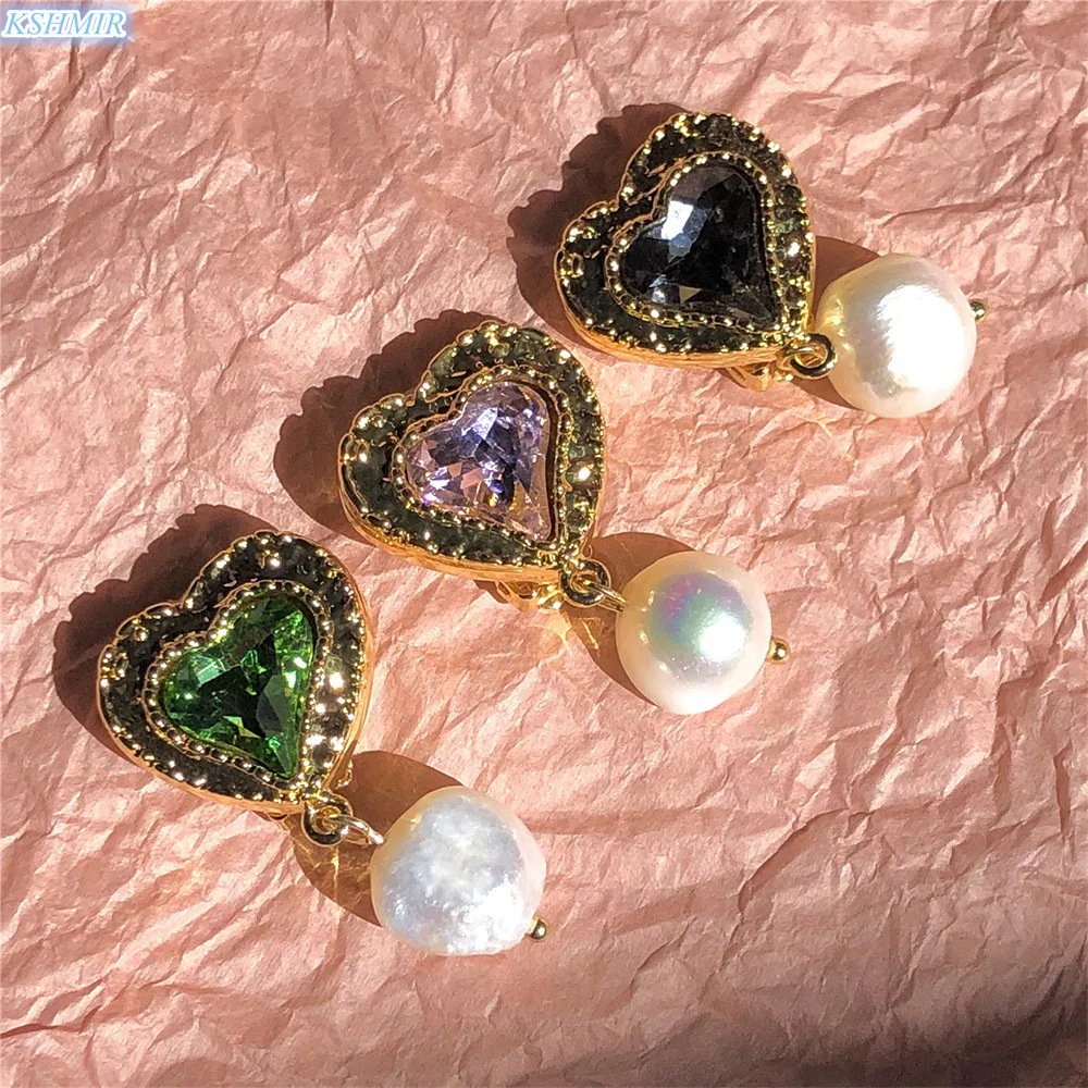 

kshmir Delicate and stylish retro Baroque earrings with freshwater pearl heart and gemstone set for ladies