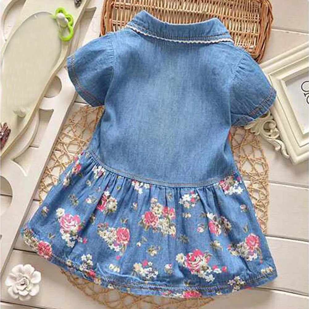 2019 Toddler Baby Girls Floral Print Bowknot Short Sleeve Princess Denim Dress Outfit | Детская одежда и обувь