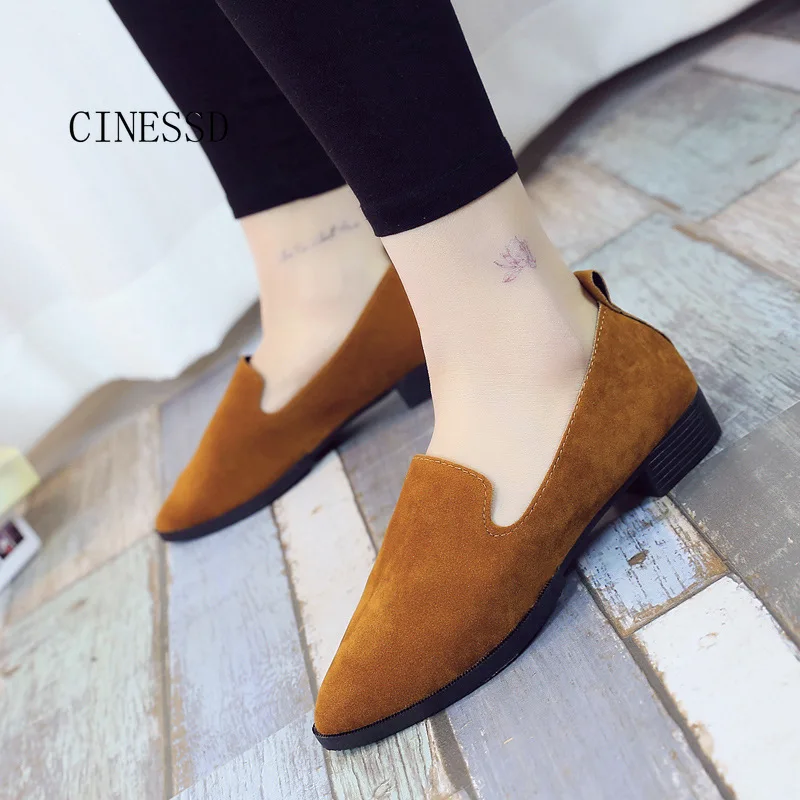 Женские тонкие туфли из флока с острым носком на низком каблуке женские