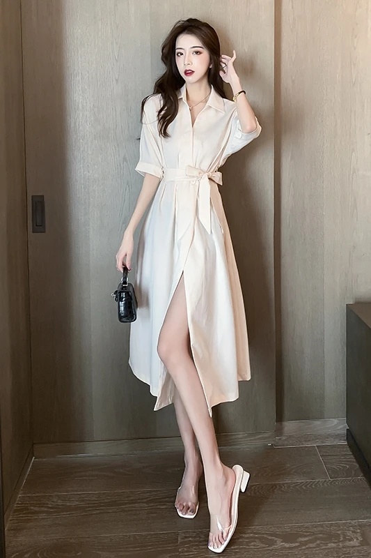 

COIGARSAM French Style Half Sleeve Women Long dress New Spring Summer High Waist Dresses Apricot 3787