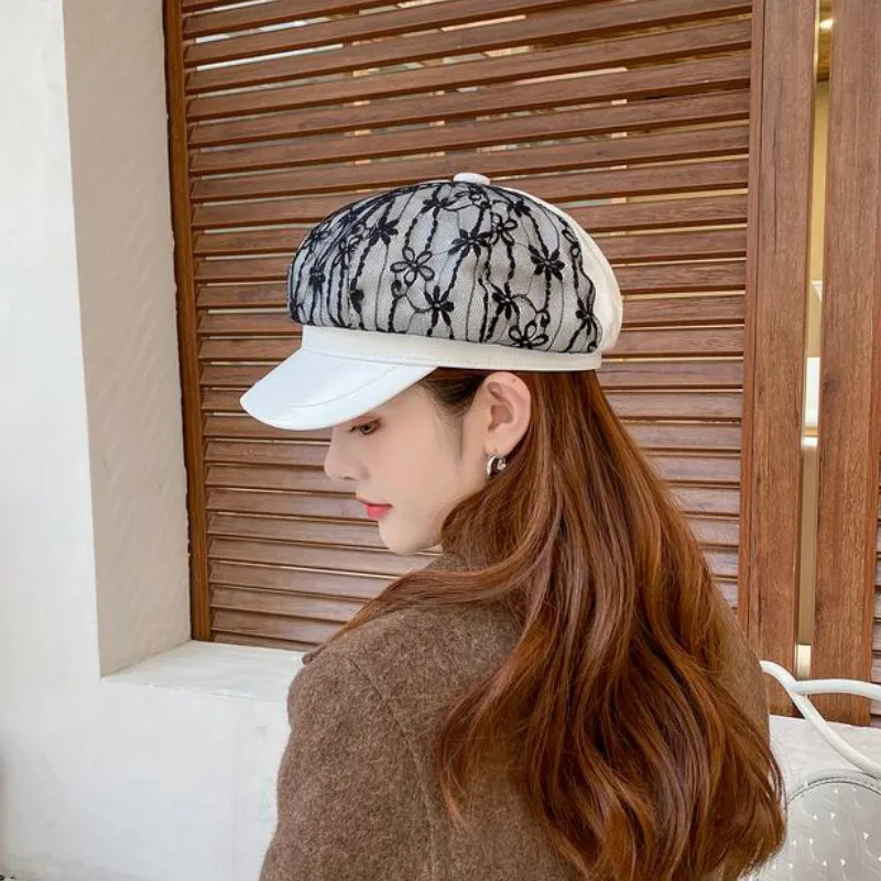 Восьмиугольный женский корейский модный кружевной однотонный кожаный берет с