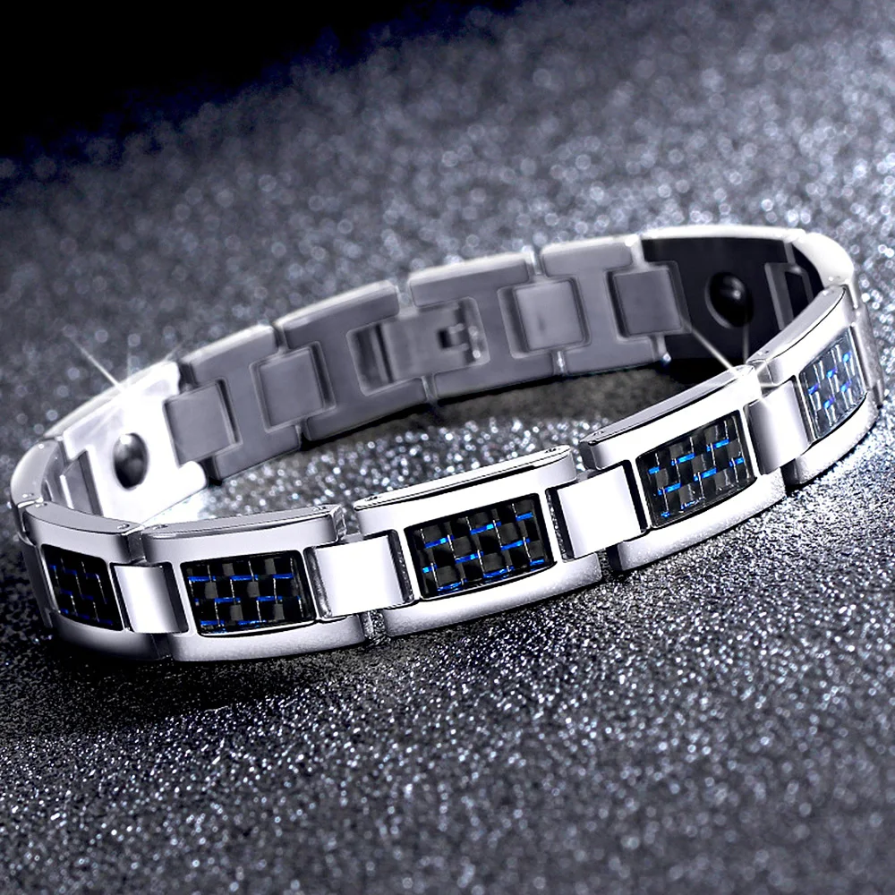 FINE4U B393 Mens Blue Carbon Fiber Titanium Magnetic Bracelet Magnet for Pain Relief | Украшения и аксессуары