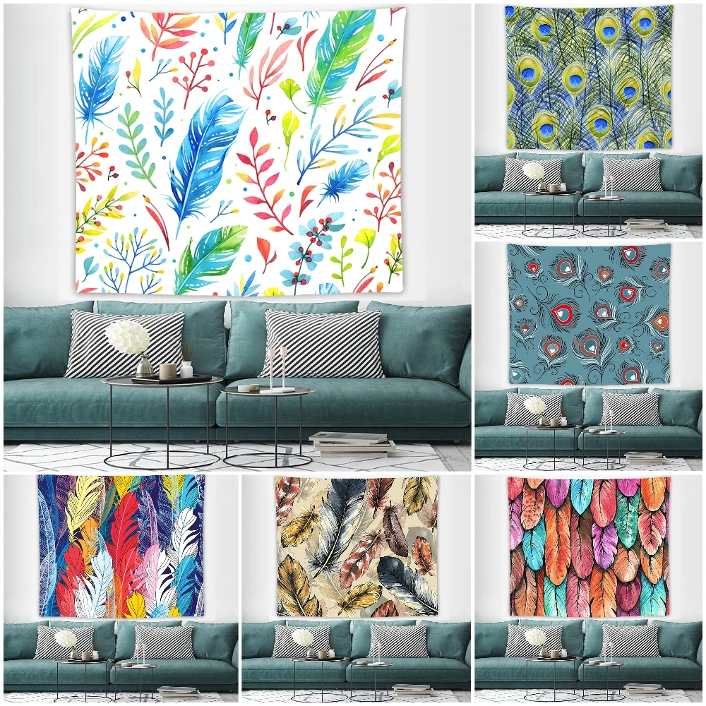 Цветной гобелен с перьями настенный эстетичный для спальни украшение