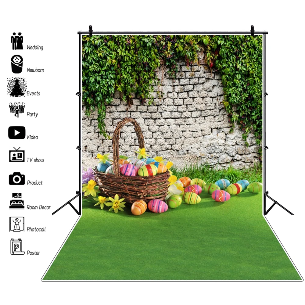 

Spring Easter Backdrop Brick Wall Green Leaves Colorful Eggs Grass Grassland Photography Background Photo Studio Shoot Booth