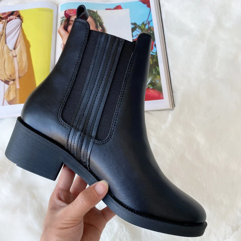 

Brand New 2020 Black Square Heels Chelsea Boots Women Elastic Band Ankle Boots for Women Spring Autumn Soft Leather Shoes Woman