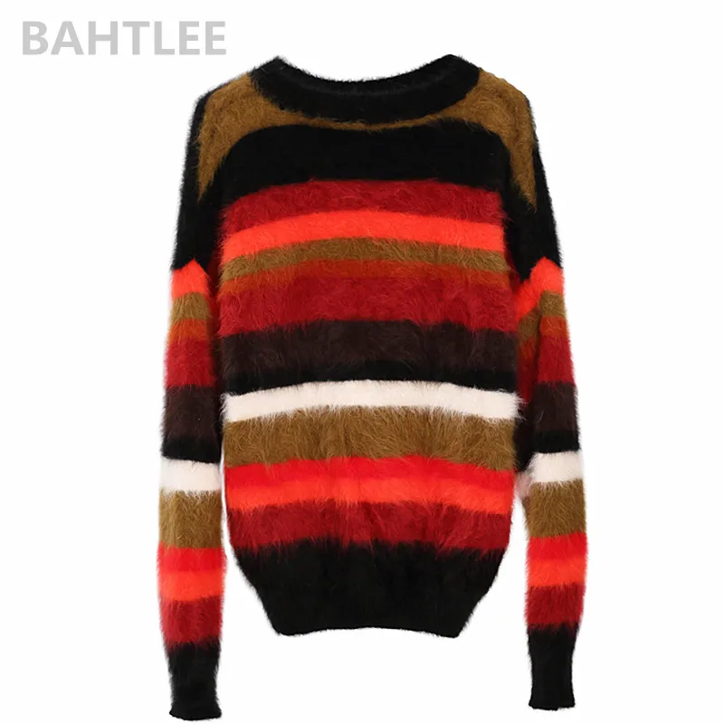 Rainbow BAHTLEE осенне-зимние женские пуловеры из Ангорского Кролика, вязаный свитер с круглым вырезом, сохраняющий тепло, свободные радужные - Цвет: Rainbow