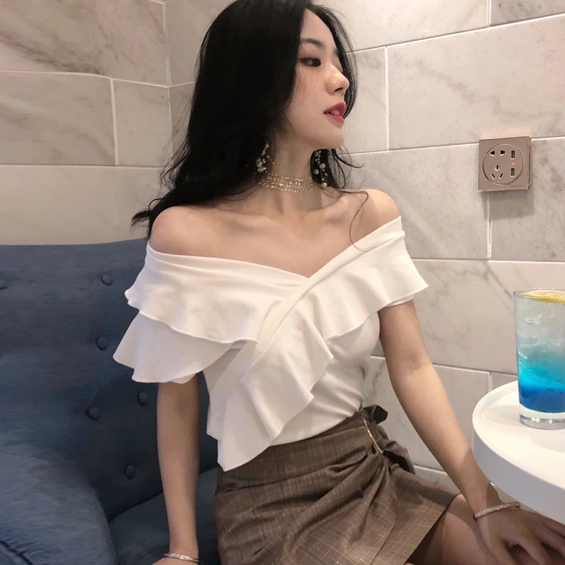 

French Style Women Spring Summer Blouses Shirts Slash Neck Sexy Casual Ruffles Off Shoulder Asymmetrical Lady White Tops Tees