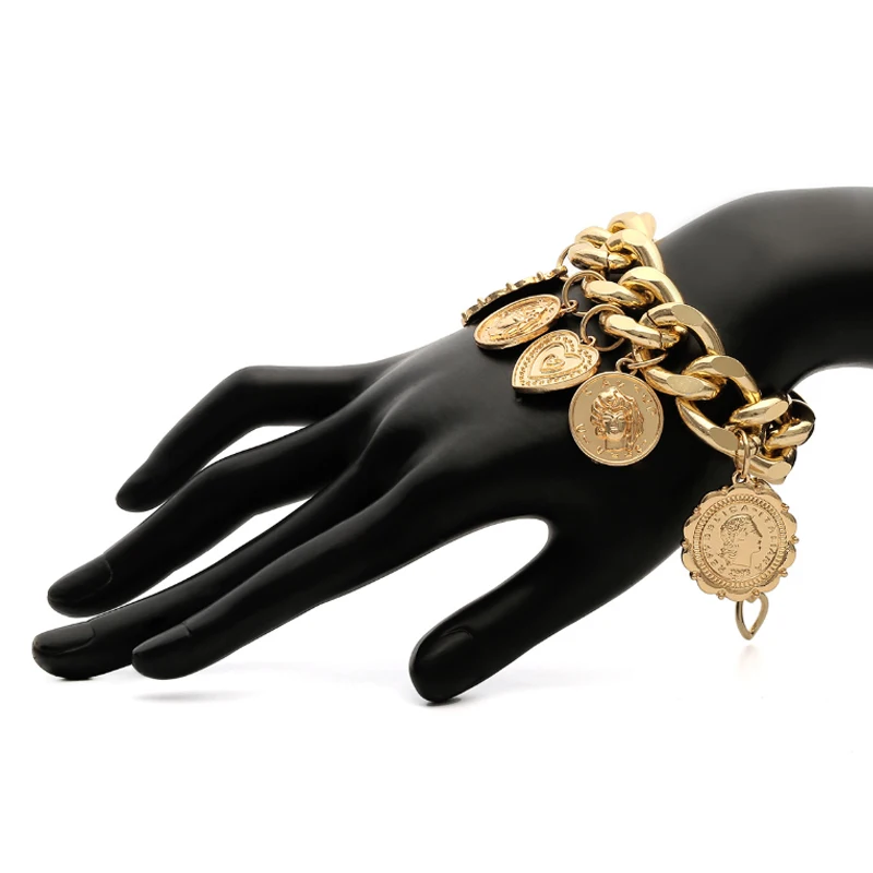 Панк металлическая золотая цепочка браслеты для женщин Королева голова портрет