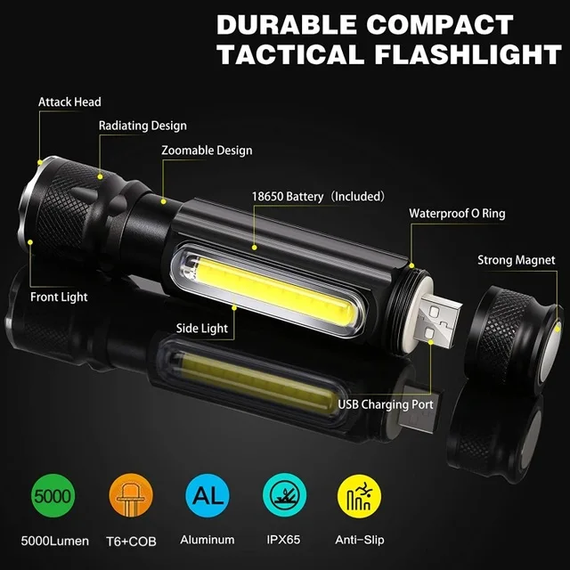 5000LM Portable LED Flashlight USB Rechargeable battery Powerful T6 torch Side COB Light linterna tail magnet Work | Освещение