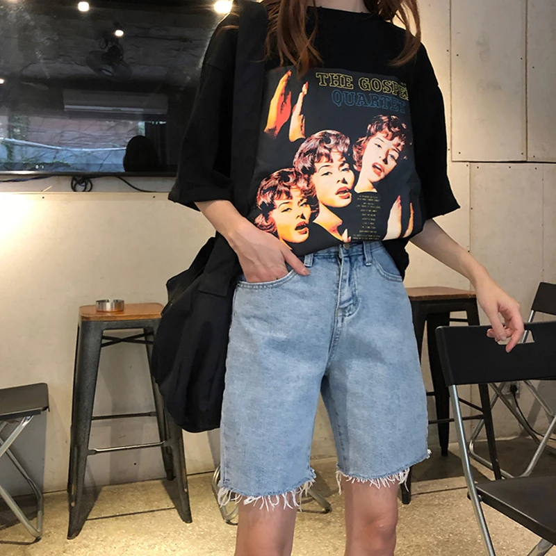 

Women's Jeans Summer Korean Preppy Style Oversize High Waist Denim Five-Point Pants Frayed Slim 2021woman Casual Wide-Leg Jeans