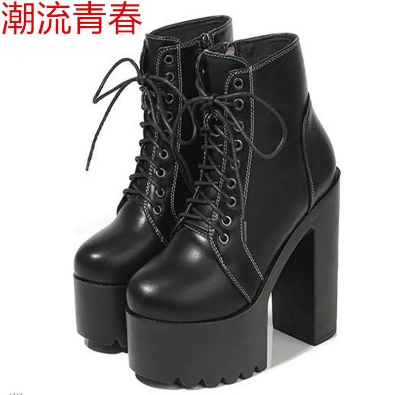 Модные женские ботильоны со шнуровкой обувь в стиле панк на платформе очень