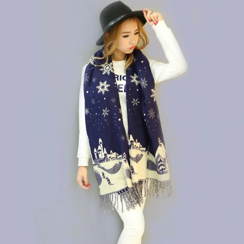 Двухсторонний Рождественский шарф со снежинками имитация кашемира Новая