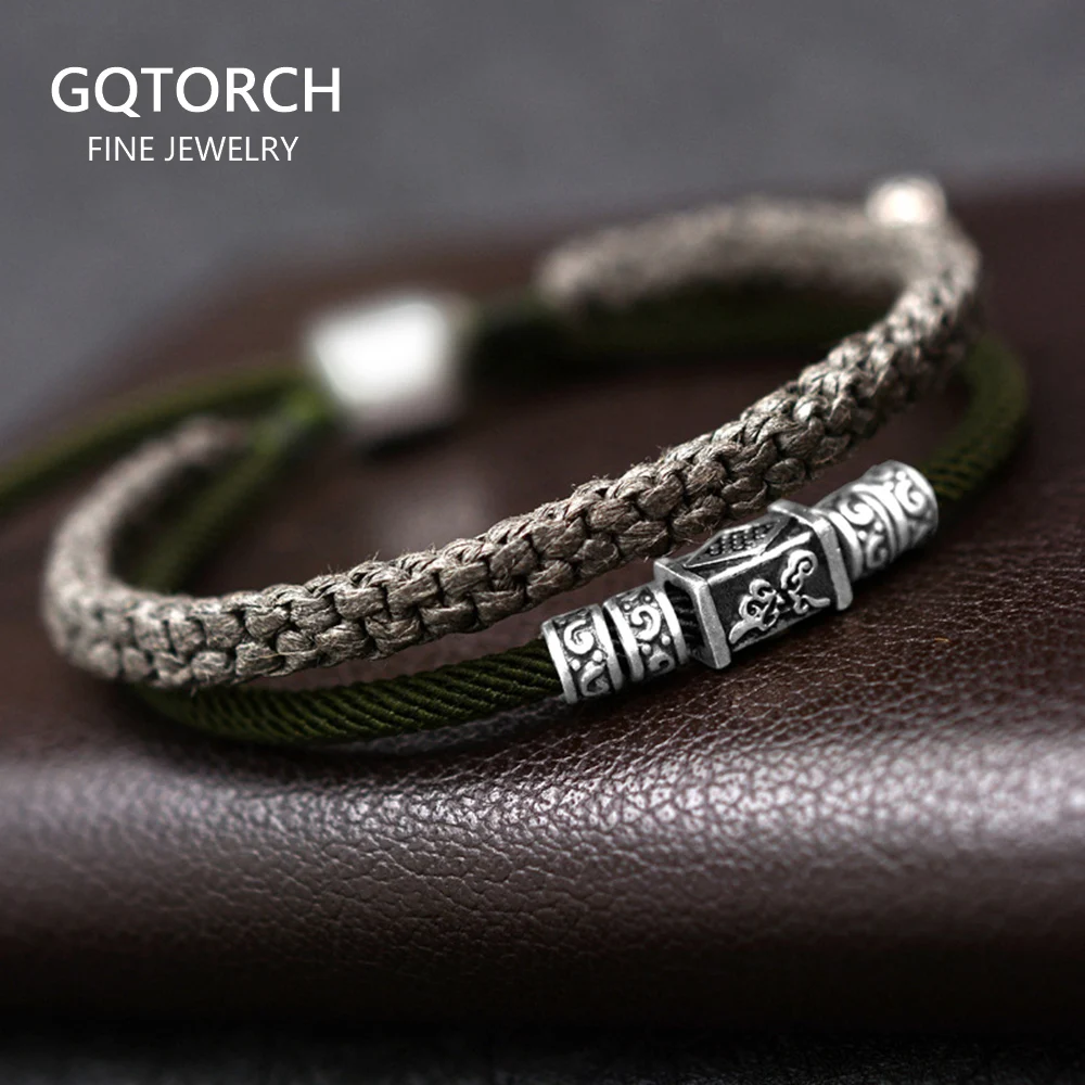 925 Серебряный счастливый Плетеный Браслет талисман для мужчин двухслойный