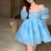 2022new blue organza dress high waisted party performance super fairy square neck puff sleevesexy backless summer streetwear