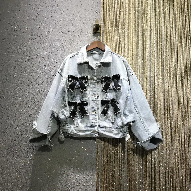 

Женская джинсовая куртка, синяя свободная уличная одежда из денима с бантом, стразы, весна 2021