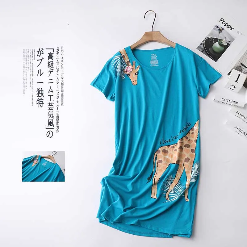 

Comfort Cotton Ladies Loose Sleep Dress Cartoon Giraffe Printed Summer New Arrival Short Sleeve Homewear Dress Casual Wear