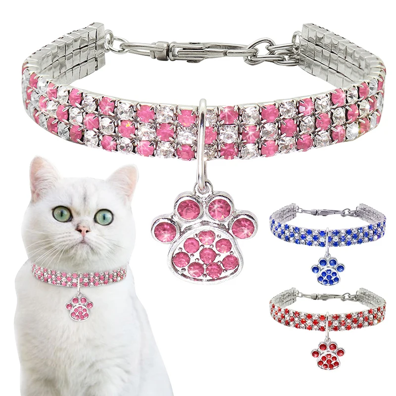 

Shinny Rhinestone Pet Collar Sparkly Crystal Diamonds Elastic Necklace With Paw Pendant For Cats Dogs Collar Pet Supplies