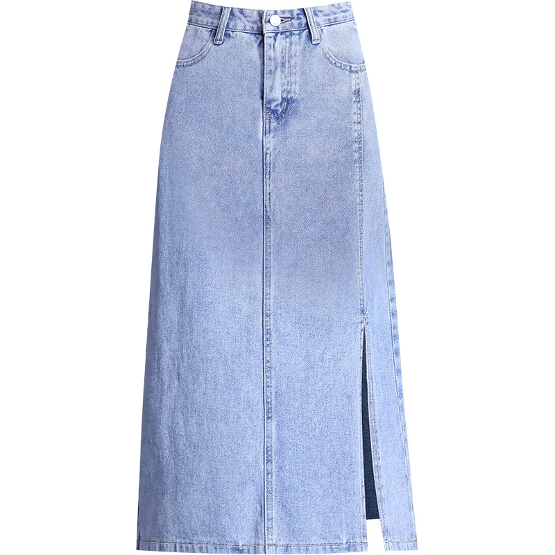 

Casual Side Split Long Straight High Waist Slim Stretch Jeans Denim Skirts For Women Vintage Femme Faldas Mujer Plus Size S077