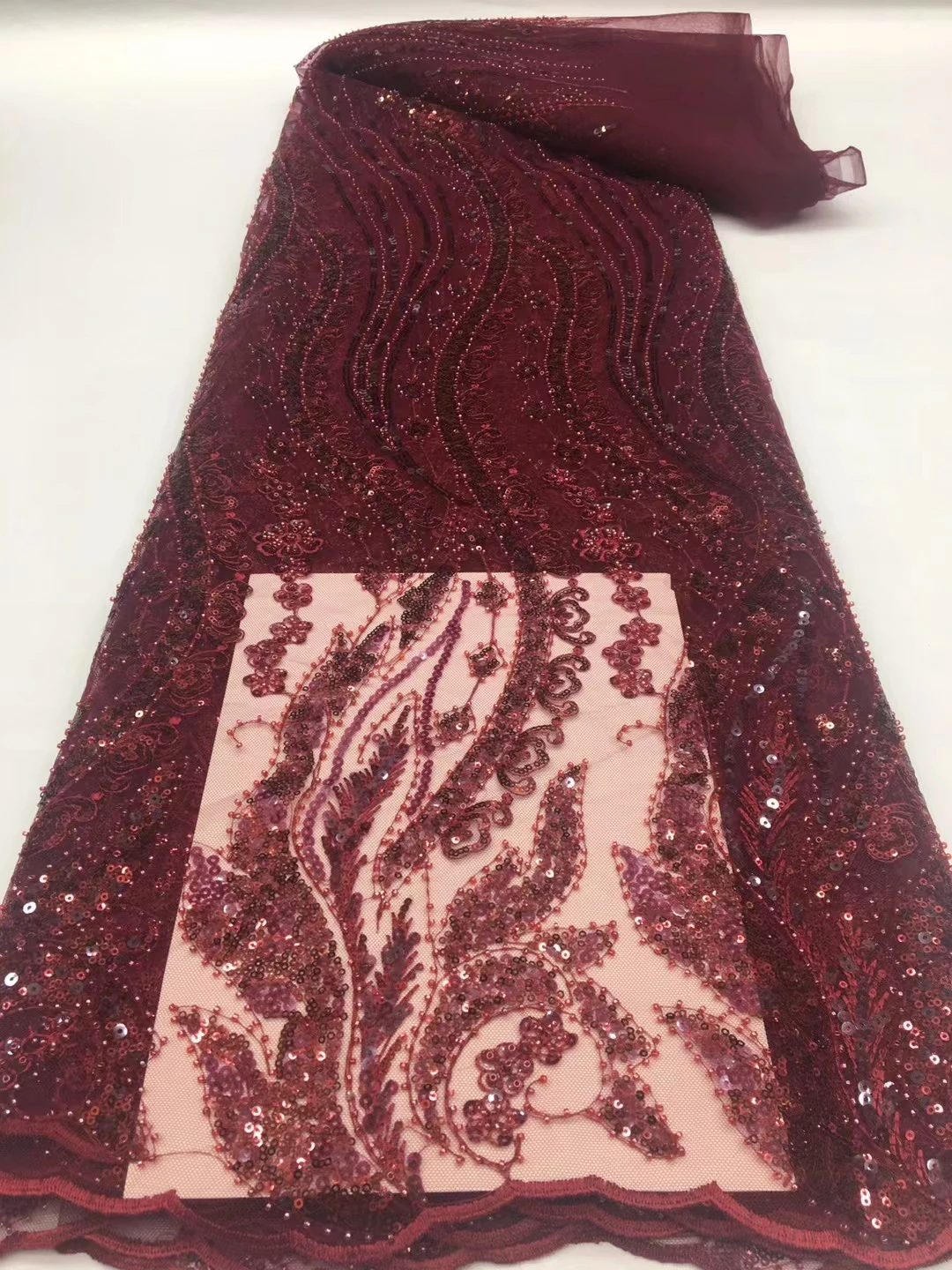 

beautiful french lace fabric 5yards nigerian embroidered net tulle lace fabric with beads and sequins for wedding XIONGX7191