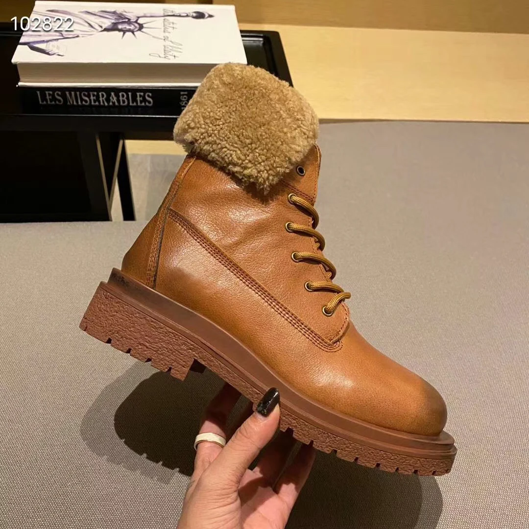 

With Logo Autumn/Winter Shoes for Women Genuine Leather Front Lace-Up Round Toe Solid Color Thick-Heel Snow Boots Martin Boots