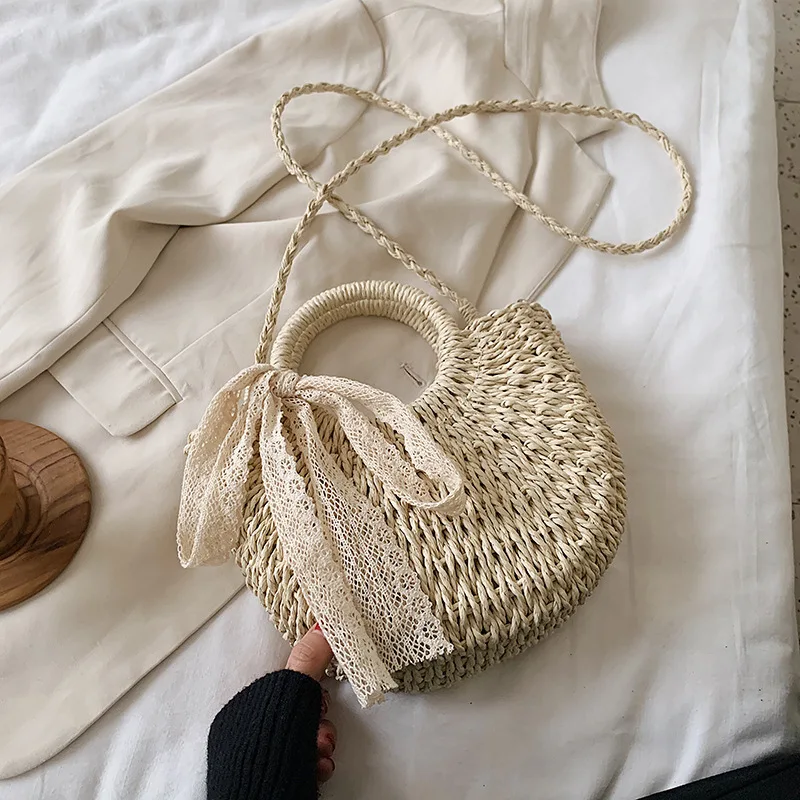 

Straw Bag Women Hand-Woven Handbag Moon Shape Lace Bow Rattan Bag Big Capacity Drawstring Casual Beach Shoulder Crossbody Bag