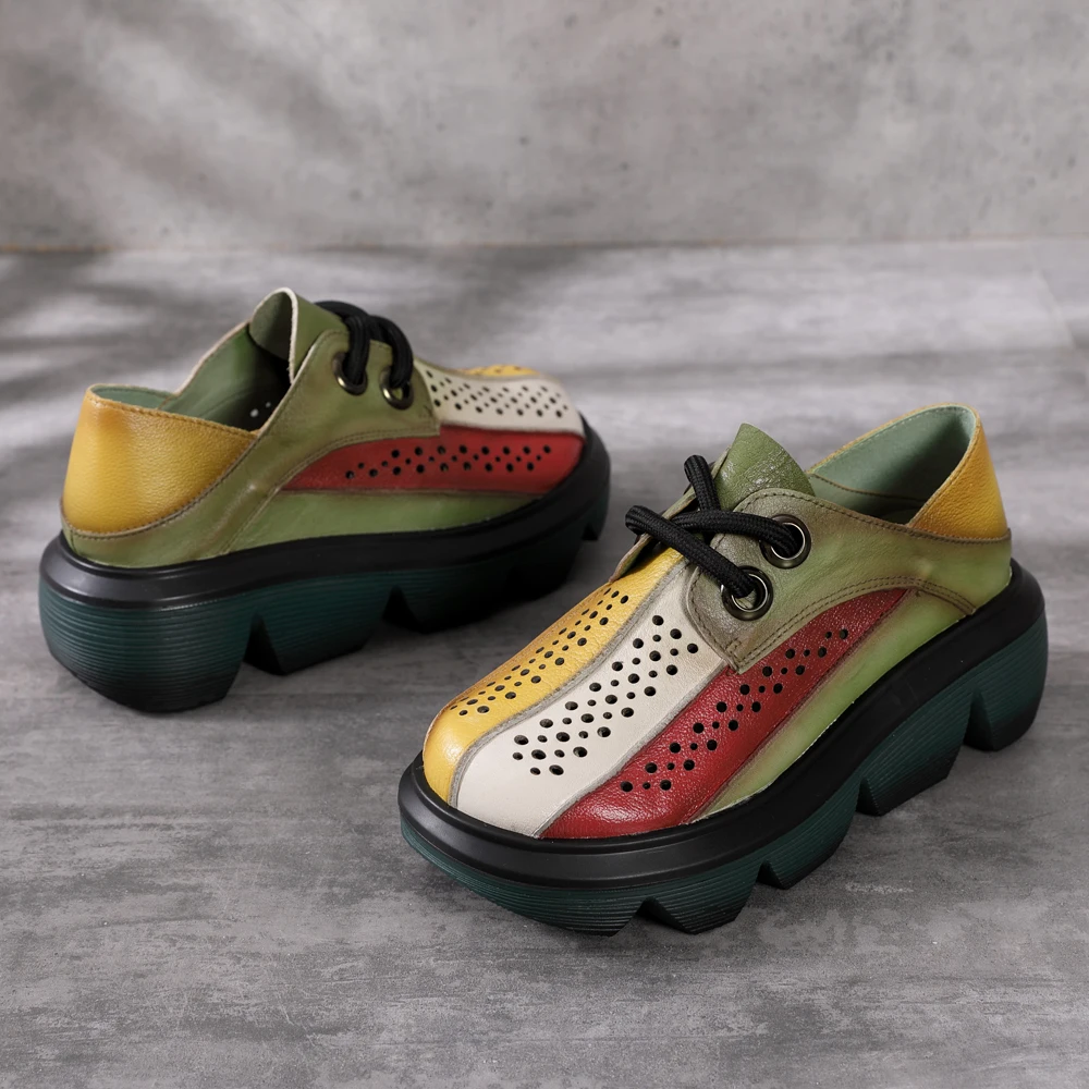 

2021 Summer New Leather Hollow Rainbow Shoes Lace-up High-Heel Platform Shoes Color-Blocking Deep Mouth Women's Shoes
