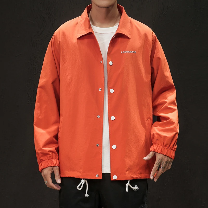 VOGUELEO Men'sJacket Япония Стиль отложной воротник сплошной черный оранжевая верхняя