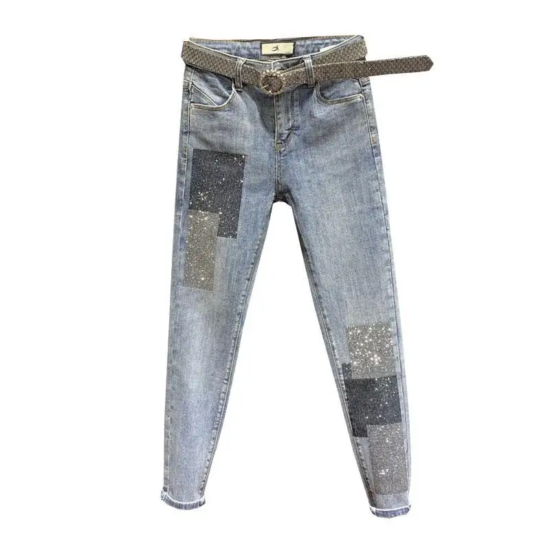 

High waist slim little foot nine point jeans women's 2021 spring and autumn new Sequin stickers versatile thin pencil pants