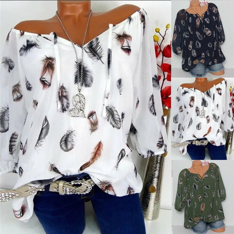 Женская шифоновая блузка с длинным рукавом перьями | одежда