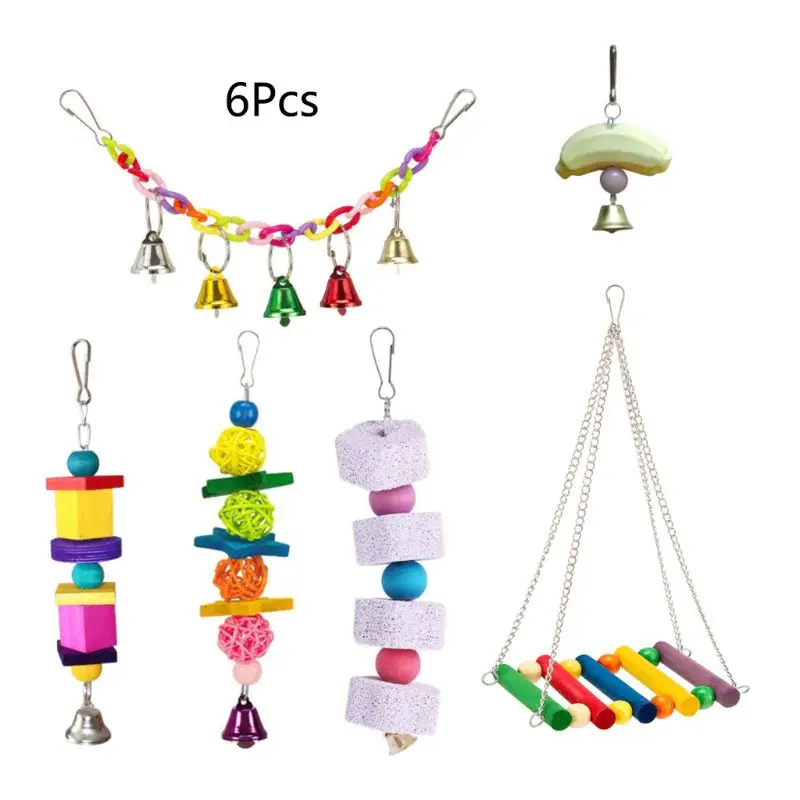 

6 Pcs/set Parrot Perched Swing Bell Hanging Toys Wooden Blocks String Birds African Grey Cockatoos Bite Chew Color Toys