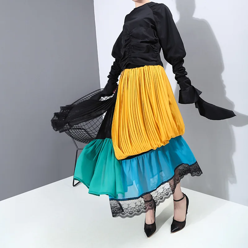 Весна-Осень 2020 юбки с оборками модные кружевные лоскутные женские | Женская