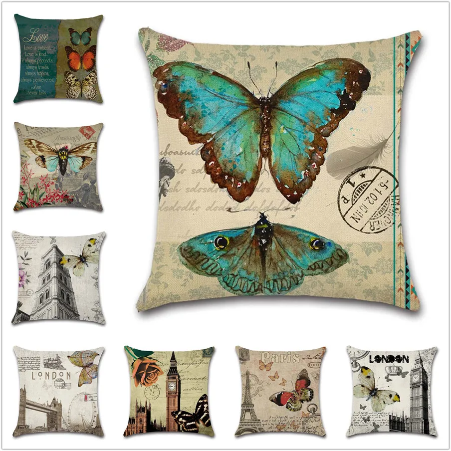 Vintage decorative painting butterfly building Cushion Cover Home sofa chair car seat kids room gift friend present pillowcase | Дом и сад