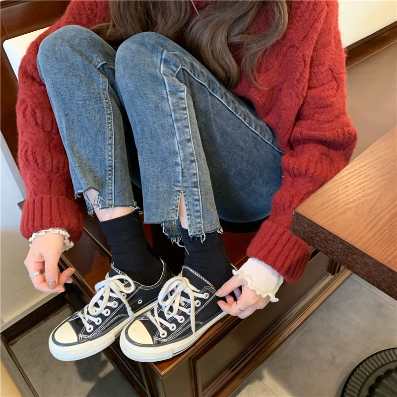 

Korean Style Irregular Split Tassel Streetwear Boyfriend Casual Denim Trousers Mom Jeans Jeans Women High Waist Loose