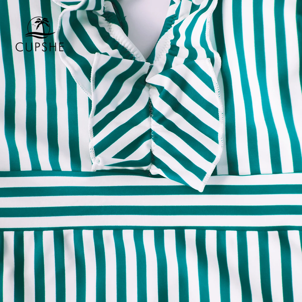 Слитный купальник CUPSHE в зеленую и белую полоску с оборками пикантный монокини