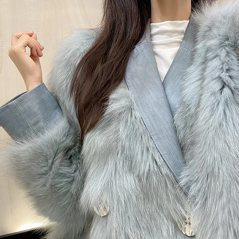 

V-Neck Blue Fashon Coat Fur Women Fluffy Warm Long Sleeve Female Outerwear Autumn Winter Coat Jacket Collarless Overcoat